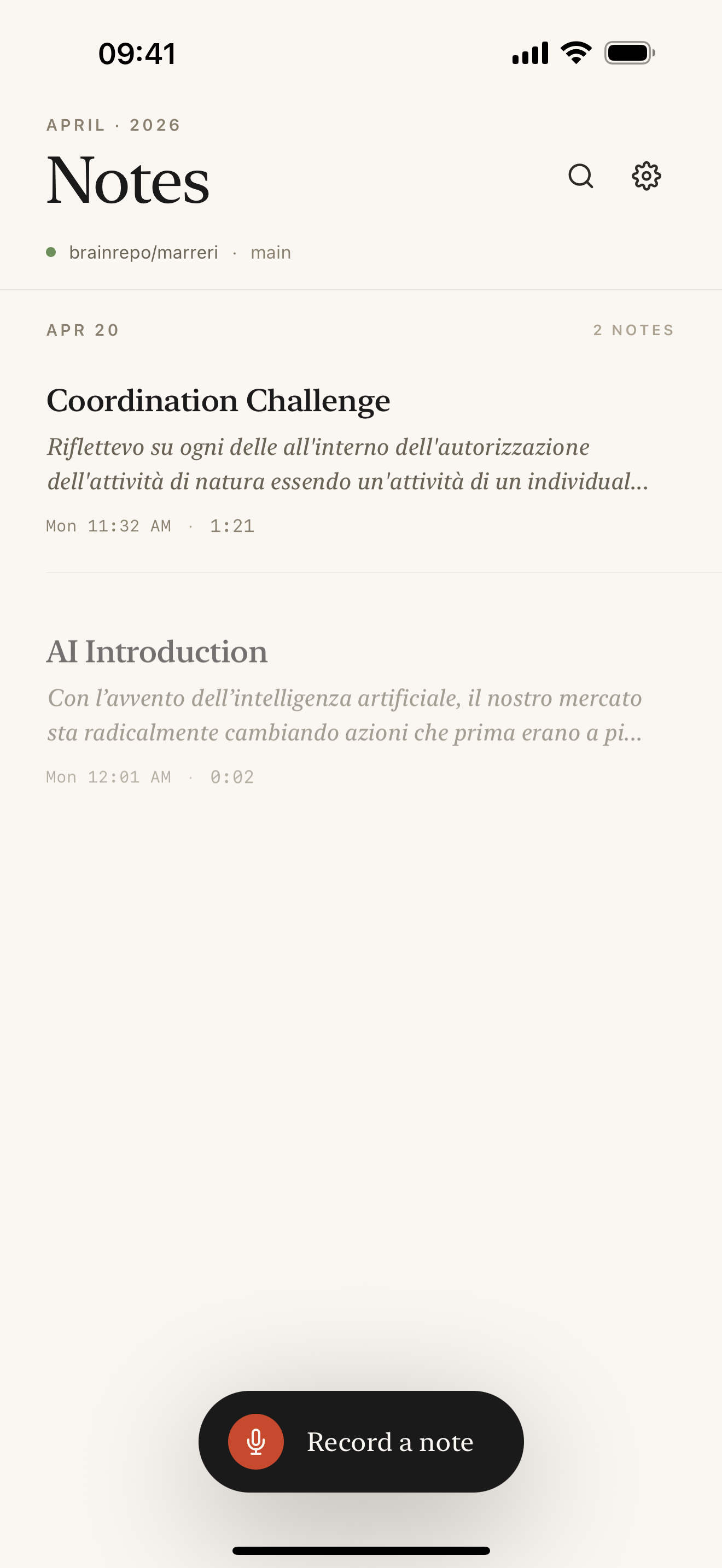 gitnotes home screen with a list of voice notes